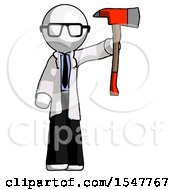 White Doctor Scientist Man Holding Up Red Firefighters Ax