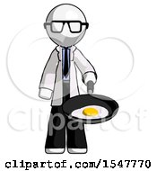 White Doctor Scientist Man Frying Egg In Pan Or Wok