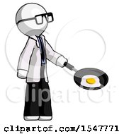 White Doctor Scientist Man Frying Egg In Pan Or Wok Facing Right
