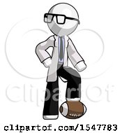 White Doctor Scientist Man Standing With Foot On Football