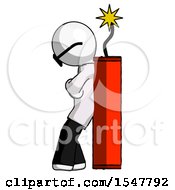 White Doctor Scientist Man Leaning Against Dynimate Large Stick Ready To Blow