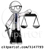 White Doctor Scientist Man Justice Concept With Scales And Sword Justicia Derived