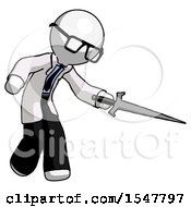 Poster, Art Print Of White Doctor Scientist Man Sword Pose Stabbing Or Jabbing