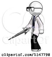 White Doctor Scientist Man With Sword Walking Confidently