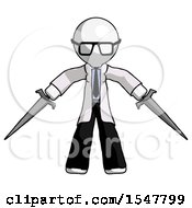 White Doctor Scientist Man Two Sword Defense Pose