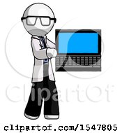 White Doctor Scientist Man Holding Laptop Computer Presenting Something On Screen