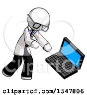 White Doctor Scientist Man Throwing Laptop Computer In Frustration