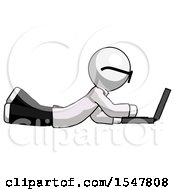 White Doctor Scientist Man Using Laptop Computer While Lying On Floor Side View