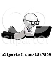 Poster, Art Print Of White Doctor Scientist Man Using Laptop Computer While Lying On Floor Side Angled View