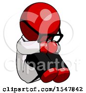 Red Doctor Scientist Man Sitting With Head Down Facing Angle Right