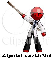 Red Doctor Scientist Man Bo Staff Pointing Up Pose