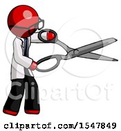 Poster, Art Print Of Red Doctor Scientist Man Holding Giant Scissors Cutting Out Something