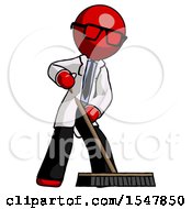 Poster, Art Print Of Red Doctor Scientist Man Cleaning Services Janitor Sweeping Floor With Push Broom