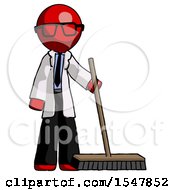 Red Doctor Scientist Man Standing With Industrial Broom
