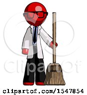 Red Doctor Scientist Man Standing With Broom Cleaning Services