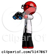 Red Doctor Scientist Man Holding Binoculars Ready To Look Left