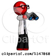 Red Doctor Scientist Man Holding Binoculars Ready To Look Right