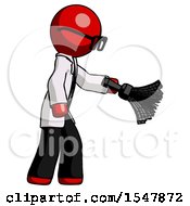 Poster, Art Print Of Red Doctor Scientist Man Dusting With Feather Duster Downwards
