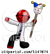 Poster, Art Print Of Red Doctor Scientist Man Holding Jester Staff Posing Charismatically