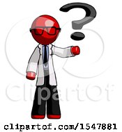 Red Doctor Scientist Man Holding Question Mark To Right