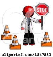 Poster, Art Print Of Red Doctor Scientist Man Holding Stop Sign By Traffic Cones Under Construction Concept