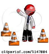 Red Doctor Scientist Man Standing By Traffic Cones Waving