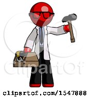 Red Doctor Scientist Man Holding Tools And Toolchest Ready To Work