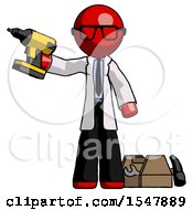 Red Doctor Scientist Man Holding Drill Ready To Work Toolchest And Tools To Right