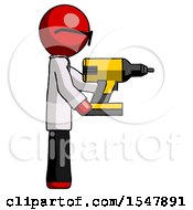 Poster, Art Print Of Red Doctor Scientist Man Using Drill Drilling Something On Right Side