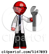 Red Doctor Scientist Man Holding Wrench Ready To Repair Or Work