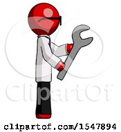 Red Doctor Scientist Man Using Wrench Adjusting Something To Right