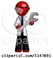 Poster, Art Print Of Red Doctor Scientist Man Holding Large Wrench With Both Hands