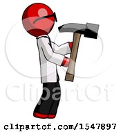 Poster, Art Print Of Red Doctor Scientist Man Hammering Something On The Right