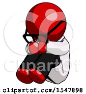Red Doctor Scientist Man Sitting With Head Down Facing Angle Left
