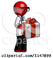 Red Doctor Scientist Man Giving A Present
