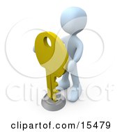 White Figure Inserting A Large Golden Key Into A Keyhole Symbolising Success Security Or Secrecy Clipart Illustration Image