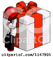 Red Doctor Scientist Man Leaning On Gift With Red Bow Angle View