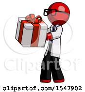 Red Doctor Scientist Man Presenting A Present With Large Red Bow On It