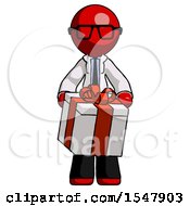 Red Doctor Scientist Man Gifting Present With Large Bow Front View