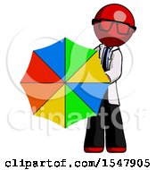 Red Doctor Scientist Man Holding Rainbow Umbrella Out To Viewer