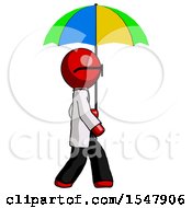 Poster, Art Print Of Red Doctor Scientist Man Walking With Colored Umbrella