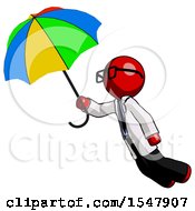 Red Doctor Scientist Man Flying With Rainbow Colored Umbrella