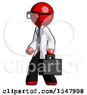 Red Doctor Scientist Man Walking With Briefcase To The Left