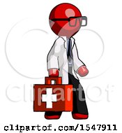 Red Doctor Scientist Man Walking With Medical Aid Briefcase To Right