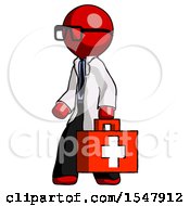 Red Doctor Scientist Man Walking With Medical Aid Briefcase To Left