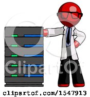 Poster, Art Print Of Red Doctor Scientist Man With Server Rack Leaning Confidently Against It