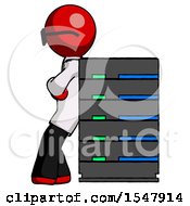 Poster, Art Print Of Red Doctor Scientist Man Resting Against Server Rack