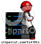 Poster, Art Print Of Red Doctor Scientist Man Resting Against Server Rack Viewed At Angle