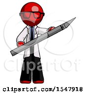 Red Doctor Scientist Man Holding Large Scalpel