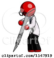 Red Doctor Scientist Man Cutting With Large Scalpel